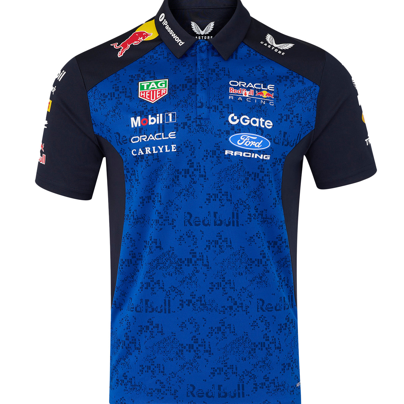 Blue and black ford racing redbull racing polo shirt with various brand logos on a white background